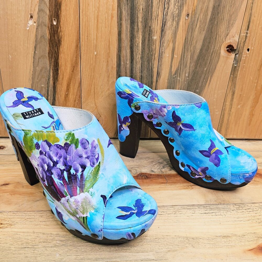 Stuart Weitzman SEQUOIA Clogs in Floral Painted Turqoise Leather